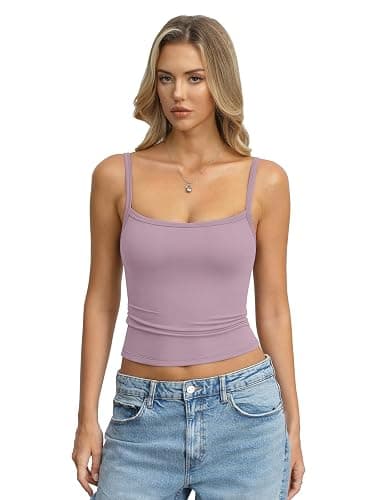 EasyGala Womens Built in Shelf Bra Tank Top Padded Spaghetti Strap Camisole | Buttery Soft, Tight Fitted, Crop Tops, Square Neck, Cami Shirts, Sleeveless, Camisole, Trendy, Workout, Going Out Outfits thumbnail 2
