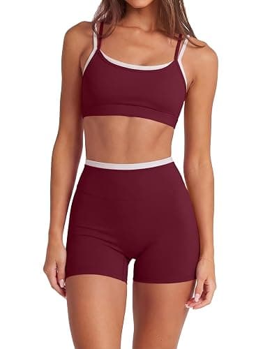 SUUKSESS 2 Piece Workout Sets Layered Sports Bra Yoga Gym Biker Shorts - Image 1