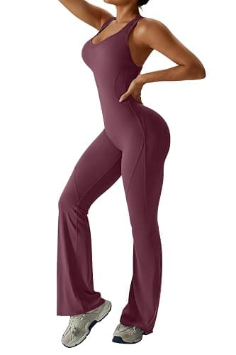 OEAK Womens Flare Jumpsuit with Bra Tummy Control Cutout Romper Workout Outfit Sleeveless Unitard One Piece Backless Bodysuit thumbnail 3