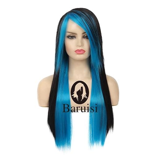 Baruisi Long Blue Black Wig Silky Straight Synthetic Heat Resistant Side Bangs Halloween Costume Hair Wigs for Women Girls thumbnail 2