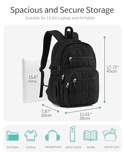 CLOKARS Quilted Laptop Backpack for Women, College Bookbag with Tumbler Holder Pocket for Nurse Teacher Work Travel, Puffer School Backpack for Teen Girls Big Student, Black thumbnail 4
