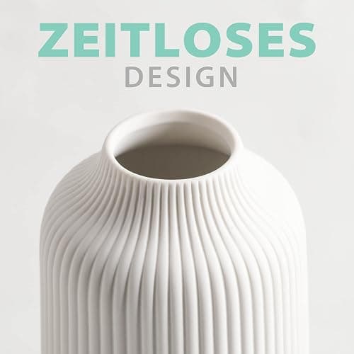 flature Keramik Vase mit Rillen - Dekovase Klein für Pampasgras als Boho Deko, kleine Blumenvase Weiß Matt 21cm hoch für Flowers, Wohnungsdeko für frische Blumen, Trockenblumen, Esstisch, Büro (Gr.M) thumbnail 5