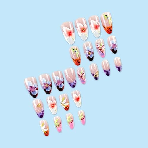 24Pcs Flower Press on Nails Medium Almond French Tip Fake Nails 3D Embossed Diamond Floral Nail Art with Romantic Almond Shape Handmade Stick on Nails French Nails for Women Manicure thumbnail 4