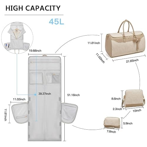 Garment Bags for Travel,45L Carry on Convertible Garment Duffle bag for Men Women - 3 in 1 Hanging Suit Travel Bag with Shoulder Strap (Beige brown) thumbnail 2