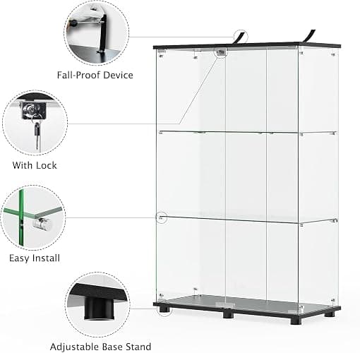 ROOMTEC Glass Display Cabinet with 3 Shelves,Double Doors, Floor Standing Display Cage, for Living Room Bedroom Office, 49.49 x 31.77 x 14.37 in, Black - 3 Shelf Double Door thumbnail 5
