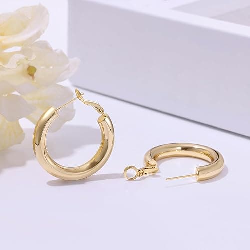 sovesi Chunky Gold Hoop Earrings for Women with 925 Sterling Silver Post, 14K Gold Plated Small Thick Gold Hoops Earrings for Women thumbnail 4