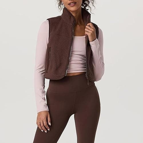 Yioaga Cropped Fleece Vest Women Sleeveless Stand Collar Zip Up Sherpa Jacket Fall Winter Warm Coats Outerwear with Pockets thumbnail 6