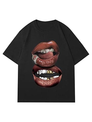 Verdusa Women's Lips Print Graphic Tees Y2k T Shirts Summer Crew Neck Vintage Going Out Tops - Image 1