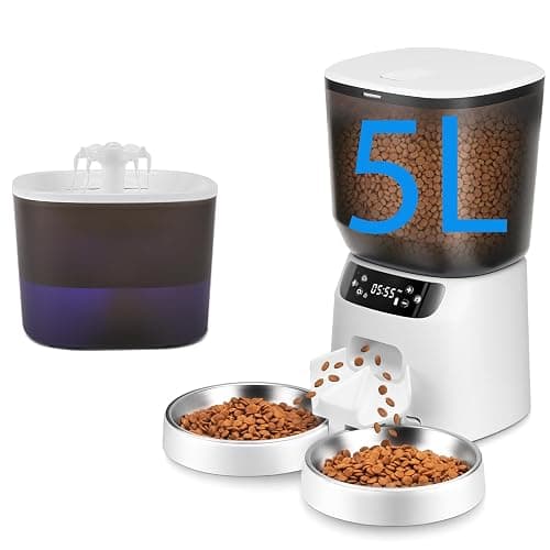 Automatic Cat Feeder and Water Fountain, 5L/20 Cups Timed Cat Dry Food Dispenser, 10s Meal Call, 20 Portions 6 Meals Per Day, 2L Cats Fountains for Drinking with Filter, Pet Feeder for Dog White - Image 1
