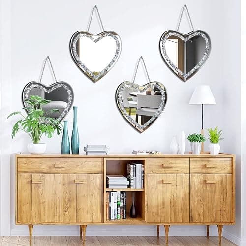 DMDFIRST Heart Shaped Silver Glass Mirror 2 Pack 12x12inch Crystal Crush Diamond Decor Chain Mirror for Wall Decoration thumbnail 6