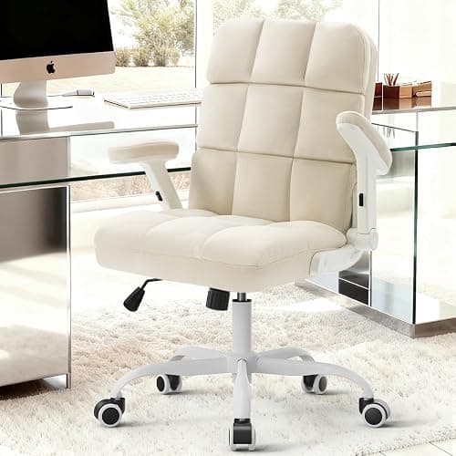 SEATZONE Home Office Chair–Beige Velvet Desk Chair with Wheels, Comfortable Computer Work Chair with Flip-up Arms and Adjustable Tilt thumbnail 2