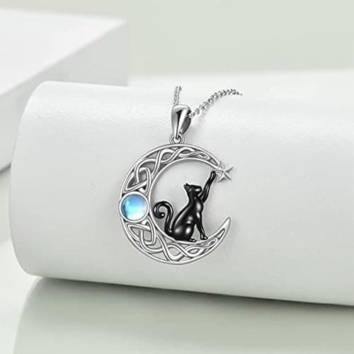 LSxAB Moonstone Cat On Moon Animal Necklace Celtic Knot Crescent Pendant Necklaces for Women Girls thumbnail 5