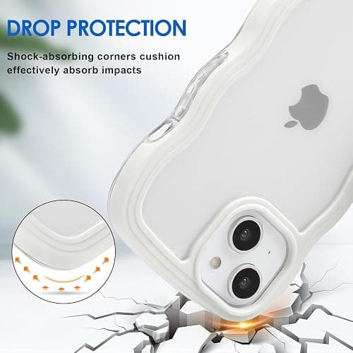 Anuck for iPhone 13 Case Wavy Edge Clear Back Design, Anti-Slip Grip Cute Wave Curly Frame Shape Shockproof Soft TPU & Hard Bumper Protective Phone Case Cover for Women Girls, White thumbnail 3