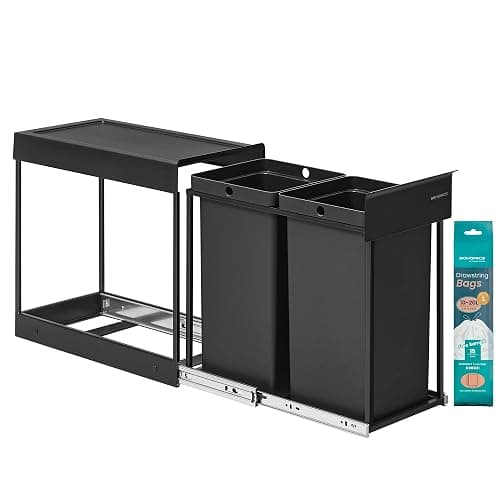 SONGMICS Mülleimer küche, Mülltrennsystem für Unterschrank, 2 x 15 L, Abfalleimer 2 Fächer, ausziehbar, Stahlrahmen, ABS-Deckel, tintenschwarz LTB950B01 - Image 1