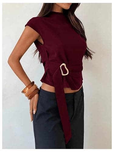 Floerns Women's Buckle Tie Elegant Blouse Mock Neck Shirts Cap Sleeve Business Casual Tops thumbnail 2