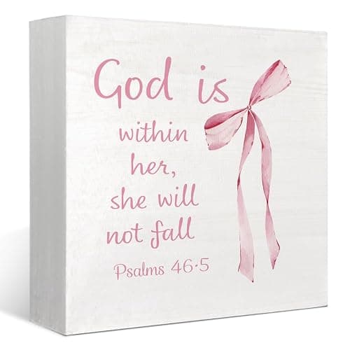 Coquette Dorm Decor, Pink Bow Christian Gifts for Women Faith, Inspirational Bible Verse Wooden Box Sign, Girly Wall Decor for Girls Room College Apartment Dorm Decoration - Image 1