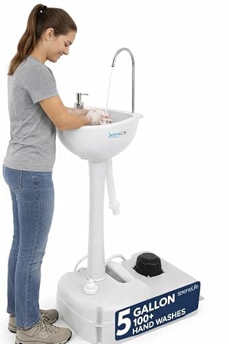 ??SereneLife Portable Hand Washing Station, 100+ Hand Washes, Hands-Free Foot Pump, Soap Dispenser, and Drain Hose, Ideal for Outdoor Events, Camping, Boating and Worksites - Image 1