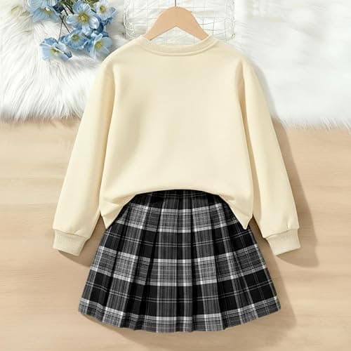 Asbabiy Girls 2 Piece Outfits casual Pullover Sweatshirt and retro plaid skirt Set 7-13 Years thumbnail 3