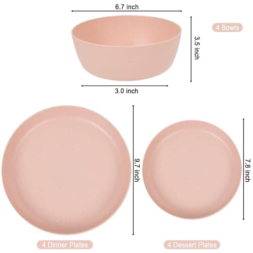 EI 12pcs Pink Wheat Straw Plates,Wheat Straw Dinnerware Set for 4,Plates and Bowls Sets,Plastic Plate Reusable,Unbreakable Plastic Plate Melamine,Camping Family Dishes Set thumbnail 3