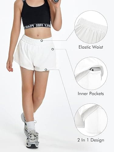 Haloumoning Girls Athletic Shorts High Waist Elastic 2 in 1 Running Shorts with Side Pockets 5-14 Years thumbnail 5