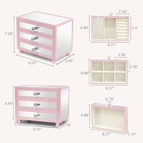 Gifturbo Pink Jewelry Box for Women Girl Wife 3 Layers Large Mirror Glass Jewelry Organizer Storage Case with Three Drawers Display for Earrings Bracelets Rings Watches thumbnail 3