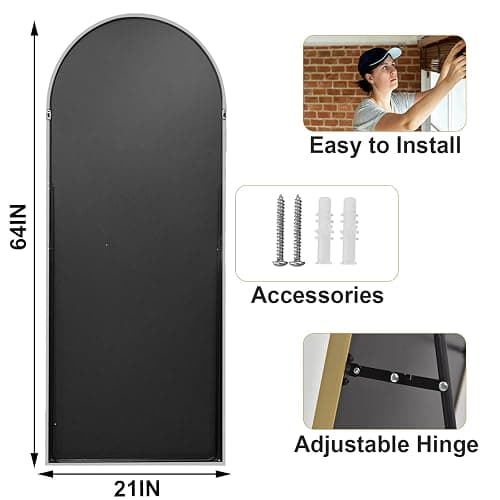 HARRITPURE 64"x21" Arched Full Length Mirror Free Standing Floor Mirrors Leaning Hanging Mounted Mirror Aluminum Frame Modern Home Decor for Living Room Bedroom Cloakroom,Silver thumbnail 2