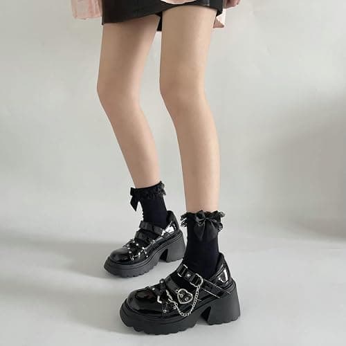 Parisuit Womens Goth Platform Mary Janes Heels Buckle Chain Punk Cosplay Shoes Ankle Strap Chunky Heel Round Toe Pumps thumbnail 2