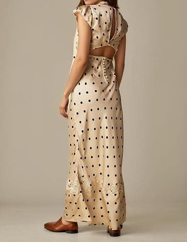 FUNTOUR Women Polka Dot Dress Summer Boho Dresses for Women Sexy Lace Patchwork A-Line Maxi Dress with V-Neck Cap Sleeves thumbnail 5