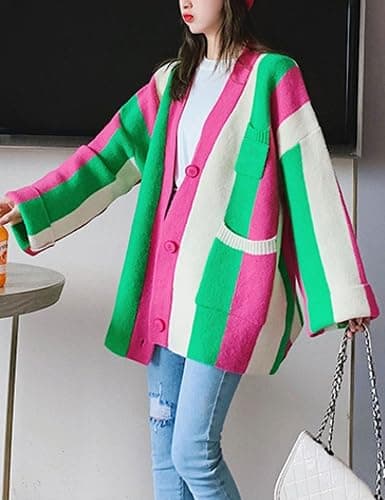 Unilexi Womens Loose Long Sleeve Rainbow Striped Cardigans Sweater Boho Color Block Chunky Knitted Tops thumbnail 7