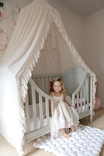 Wonder Space Elegant Kids Bed Canopy - Lace Chiffon Netting with Pom Pom, Princess Girls Fairy Dream Tent, Nursery Room Baby Crib Hanging Curtain Mosquito Net Children Reading Nook Decoration (Beige) thumbnail 3
