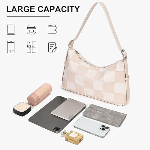 hibear Checkered Shoulder Bag for Women Classic Black and White Purse Trendy Crossbody Purse Leather Totes Hobo Handbag thumbnail 5