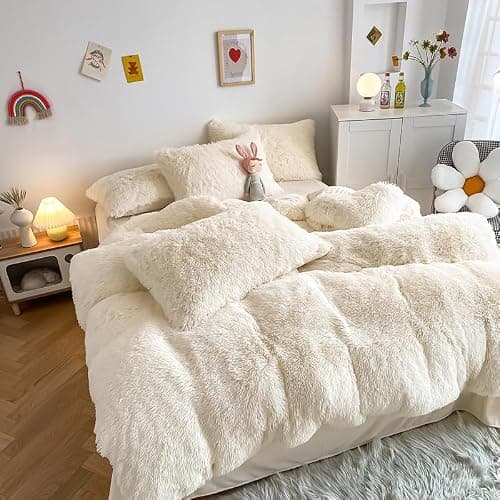 chovy Kids Girls Faux Fur White Comforter Sets Twin/Full - 3PC Bed Set Skin Friendly Soft Warm Comfortable Classical Rabbit Plush Velvet Flannel Fluffy Fuzzy Bedding（Comforter x 1 Pillowcases x 2） thumbnail 3