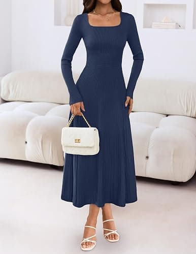 MEROKEETY Women's Sweater Dress 2025 Fall Winter Casual Long Sleeve Square Neck Pleated Church Work Knit Midi Dresses thumbnail 3