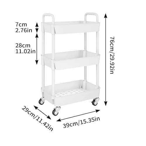 UDEAR 3-Tier Kitchen Rolling Utility Cart,Multifunction Storage Organizer with Handle and 2 Lockable Wheels for Kitchen,Bathroom,Living Room,Office,White - 3-Tier - White thumbnail 6