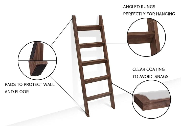 FUIN 5ft (58") Wood Blanket Ladder Living Room Decorative Wall Leaning Farmhouse Quilt Display Holder Storage Rustic Wooden Towel Rack for Bathroom, Brown thumbnail 4