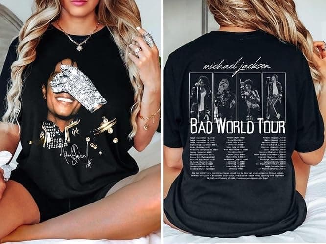 MJ Bad World Tour 1987 T-Shirt, King of Pop Unisex Fan Gift Black thumbnail 2