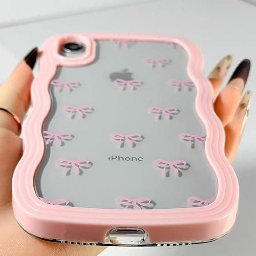 Riccase for iPhone XR Case Bow Curly Wave Frame Phone Case, Shockproof Clear Soft Transparent Silicone Protective Bumper Cover for Women Girls, Pink thumbnail 4