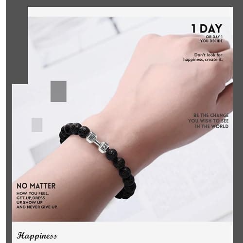 GAUEIOUR Black Dumbbell Bracelet for Men,Volcanic Lava Stone Adjustable Natural Stone Beads Bracelet,Fitness Alloy Barbell Charm Jewelry Gifts for Men thumbnail 4