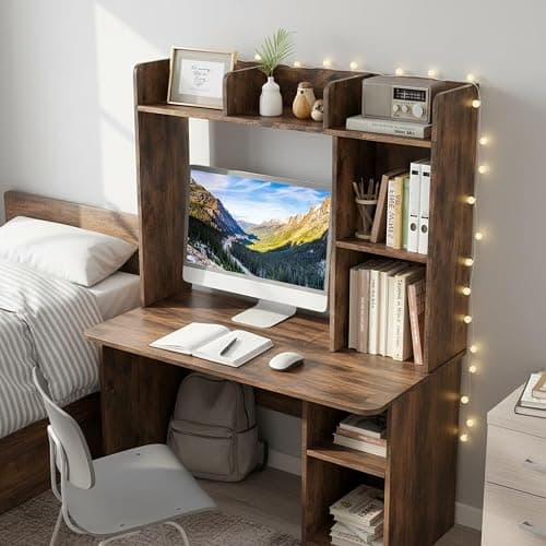 Tangkula Desktop Bookshelf, Countertop Storage Hutch with 5 Shelves for Computer Desk, 3-Tier Display Rack, Multipurpose Wood Desktop Hutch Storage Organizer for Dorm Office, Brown thumbnail 5