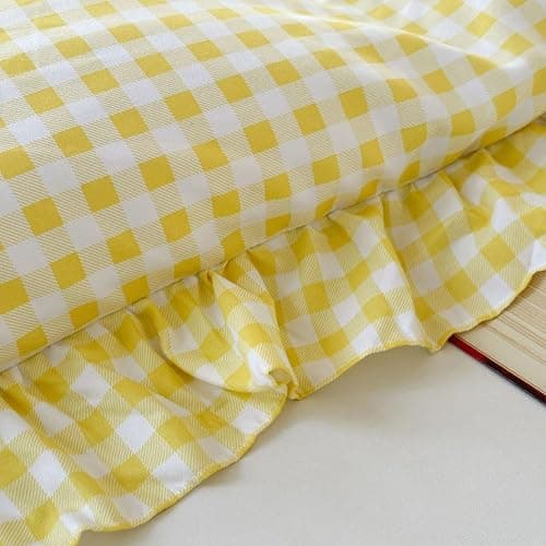NSNLGSGC Yellow Gingham Ruffle Duvet Cover Twin Size, 2 Pieces Soft Pre-Washed Microfiber Checked Plaid Comforter Cover Set, Vintage Farmhouse Bedding Set(Yellow Gingham, Twin 68"x90") thumbnail 5