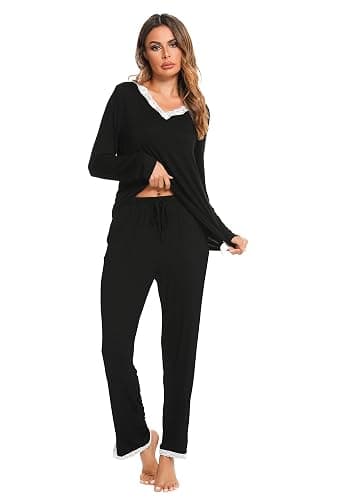 Lovasy Ensemble de Pyjama Femme Cotton Sexy Hiver Grande Taille Ensembles Manche Longue Col en V 2 Pièces Sensuel Dentelle pour Automne Noël thumbnail 3