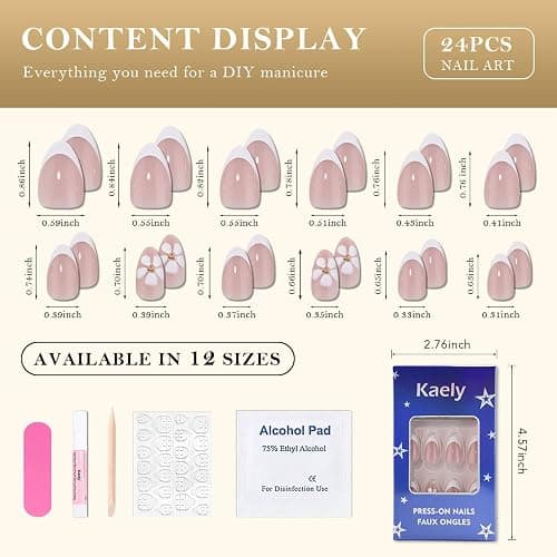 Nude Pink French Press on Nails Short Almond with 3D Flower Design, White French Tip Glossy Press Glue on Nails for Women with Kit, Reusable Soft Gel Stick on Cute Fake Nail with Designs Perfectly Fit thumbnail 6