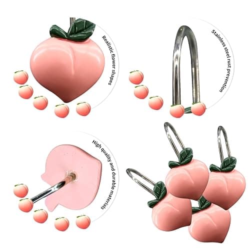 Inshere 12pcs Peach Shower Curtain Hooks,Rustproof Stainless Steels Metal Pink Decorative Shower Curtain Hooks for Bathroom, Cute Fruit Theme Shower Rings Set Bathroom Decor thumbnail 4