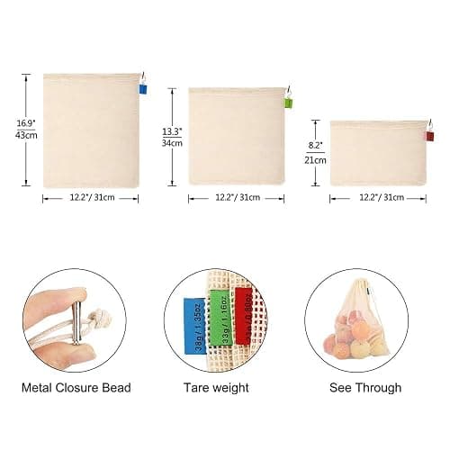 Reusable-Cotton-Mesh-Produce-shopping-Bags-Washable Eco Friendly Premium See Through Lightweight Net zero Bulk Bags for Veggie Fruit Vegetable Grocery Storage (9 Packs) thumbnail 2