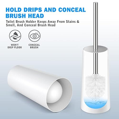 Toilet Brush and Holder, Toilet Brush with 304 Stainless Steel Long Handle, Toilet Bowl Brush for Bathroom Toilet-Elegant-Cleaning-Bristles(White) thumbnail 6