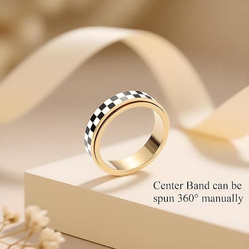 MHWTTY Fidget Ring for Anxiety Women Men, Black and White Checkered Pattern Stainless Steel Spinner Jewelry Anxiety Relief Items for Adults Gold Plated/Silver Size 5-11 thumbnail 6