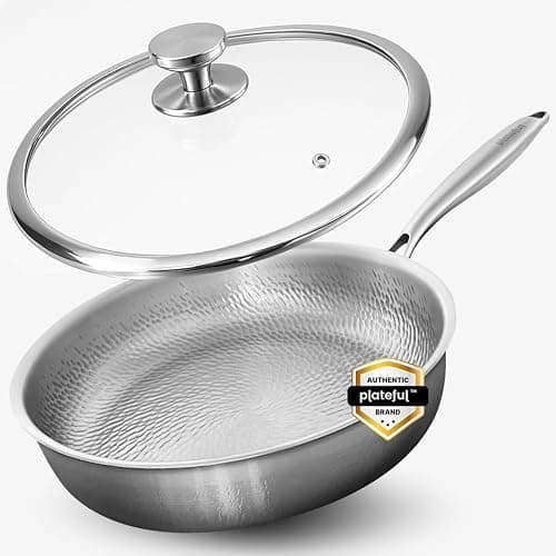 Plateful Titanium Pans For Cooking 12 Inch, No Coating Nonstick, with Lid | Pure uncoated titanium frying pan, surface sears to 750F, PFOA/PFAS/PTFE Free skillets, works on induction and all cooktops. - Image 1