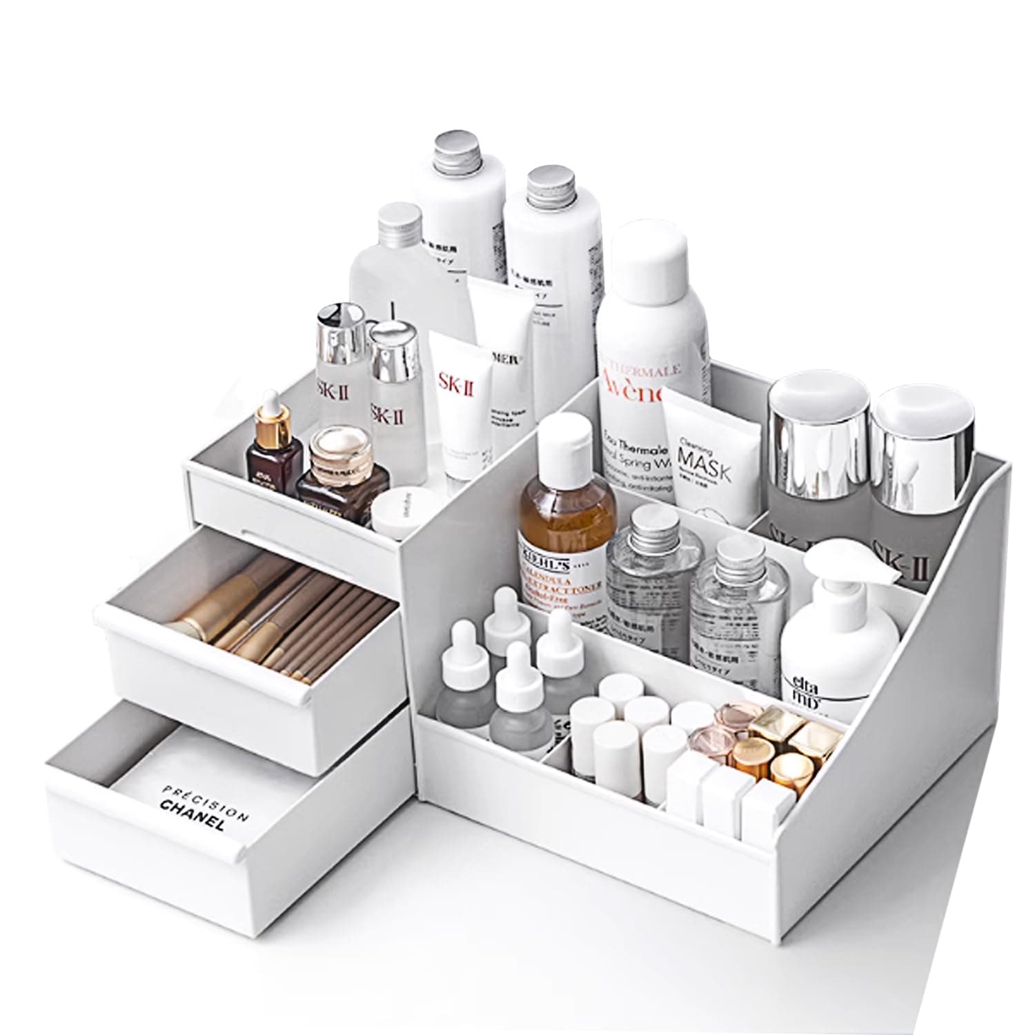 Yotsuba Clarity Cosmetic Organizer with 2 Drawers - Clear Makeup Organizer & Skincare Organizer for Bathroom & Desktop, Multifunctional Jewelry and Cosmetic Organizer Cabinet, White - Image 1