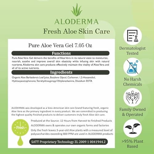 Aloderma Organic Aloe Vera Gel for Face & Body, 96% Pure Aloe Gel Made within 12 Hours of Harvest, Ideal for Skin, Scalp, & Hair Hydration, Calming Moisturizer for Soothing After Sun Care, 7.05oz thumbnail 8