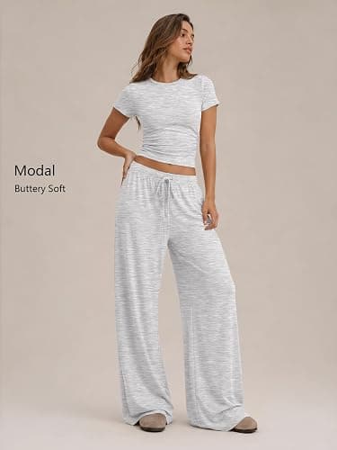 Trendy Queen 2 Piece Matching Summer Lounge Set Womens Side Ruching Top Wide Leg Pants Sets with Pockets thumbnail 2